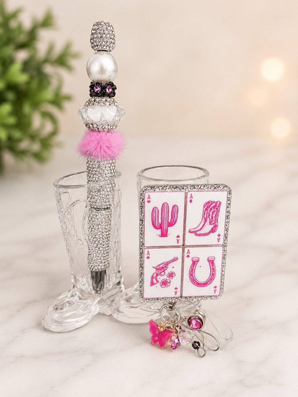 Handmade Western Pink Poker Badge Reel & Rhinestone Pen, By Rockin' 3 Leather